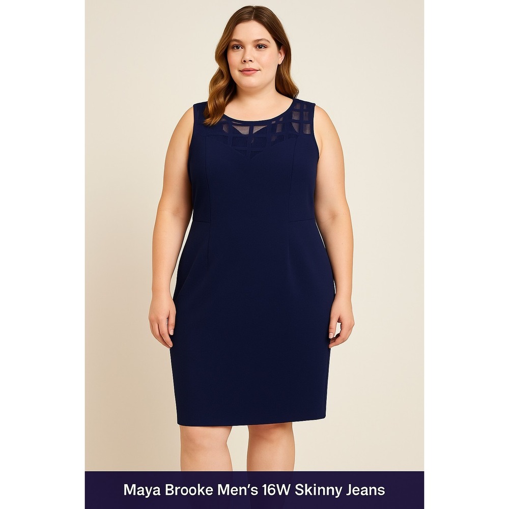 Maya Brooke Women's 16W Navy‎ Blue Sheath Dress Mesh Illusion Neckline Crepe